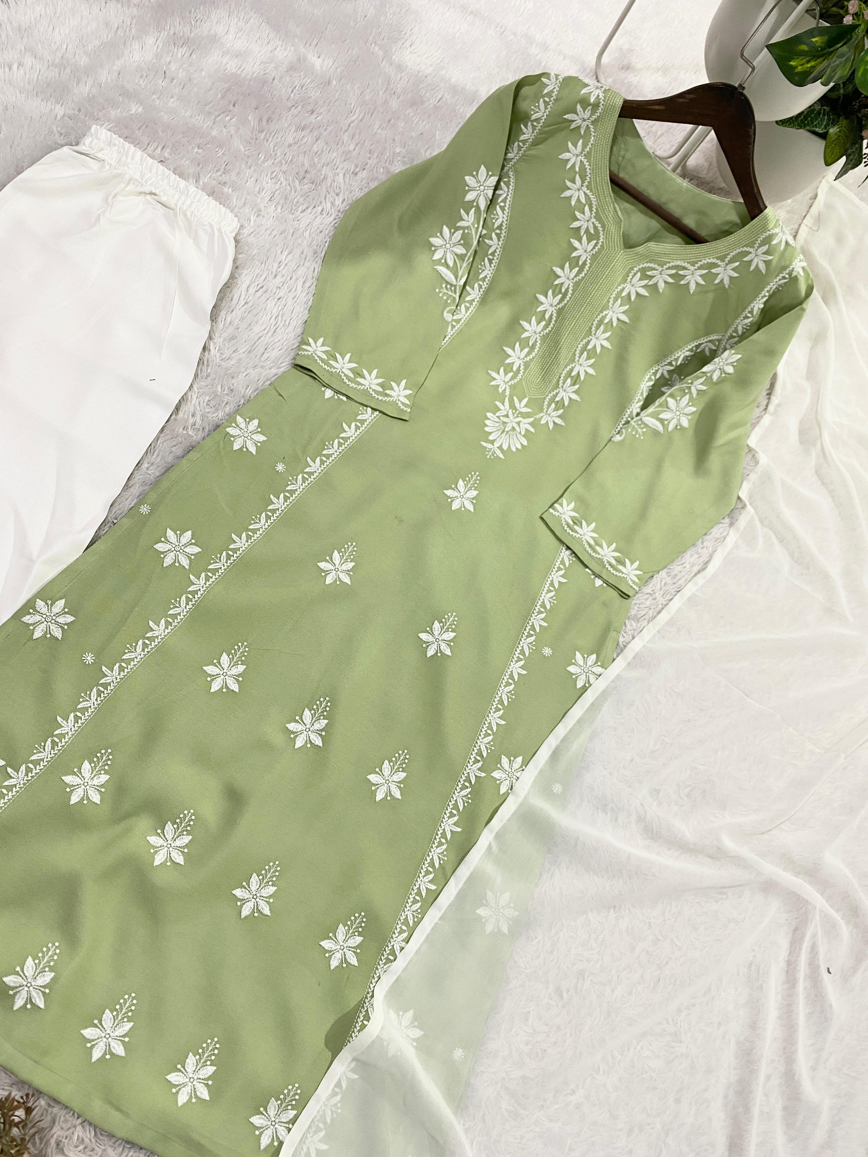 Pistaara Rayon Embroidered Palazzo Suit Set