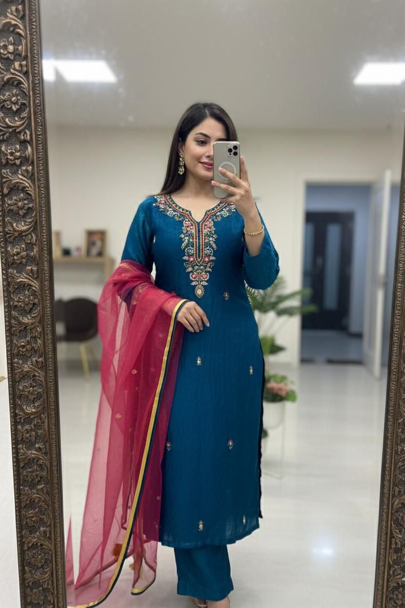 Mayurika Silk Handwork Kurti Pant Dupatta Set