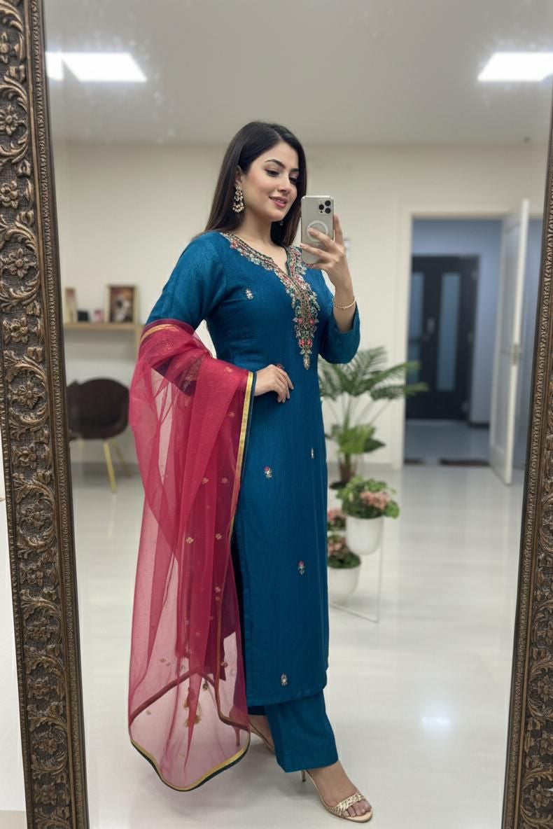 Mayurika Silk Handwork Kurti Pant Dupatta Set