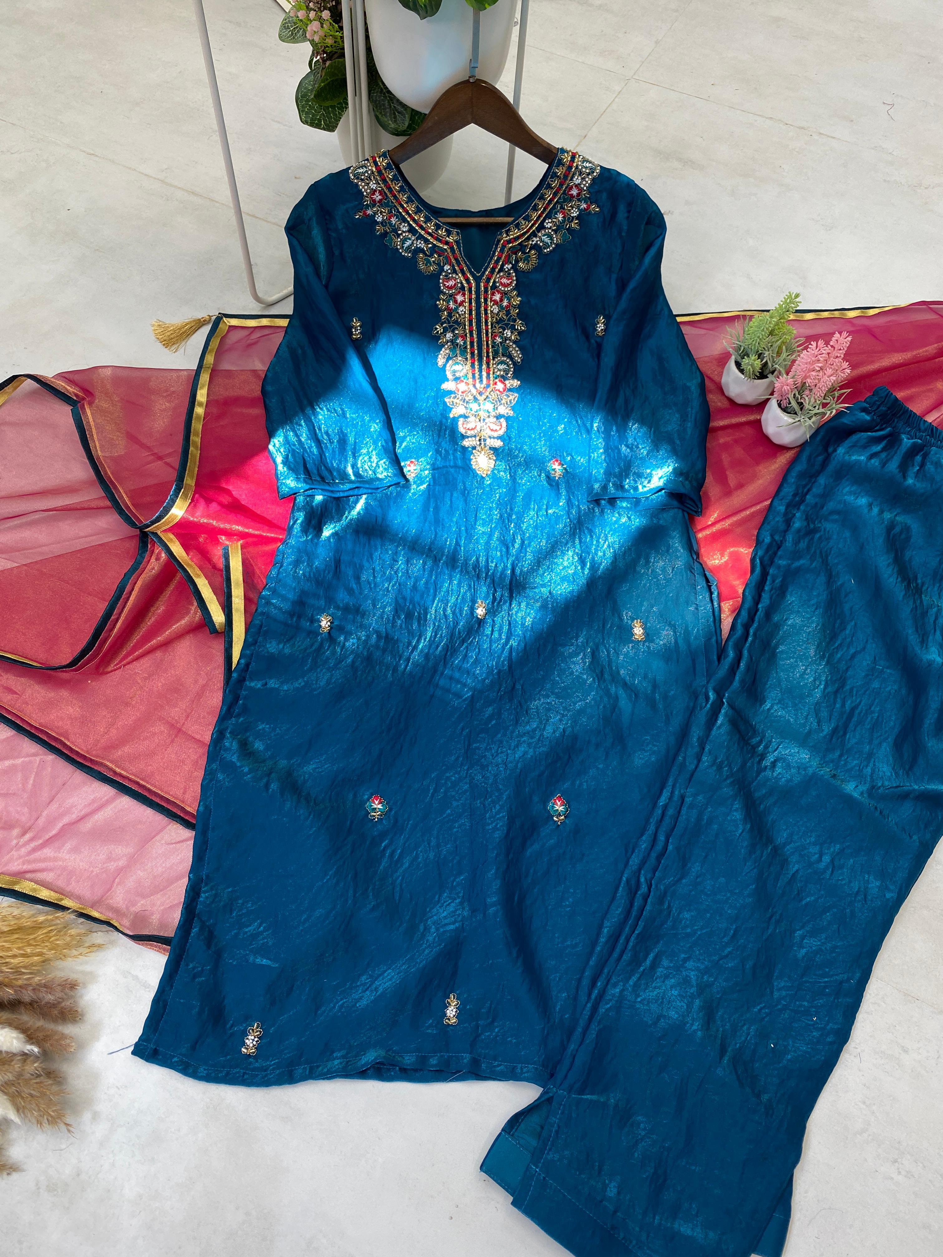 Mayurika Silk Handwork Kurti Pant Dupatta Set