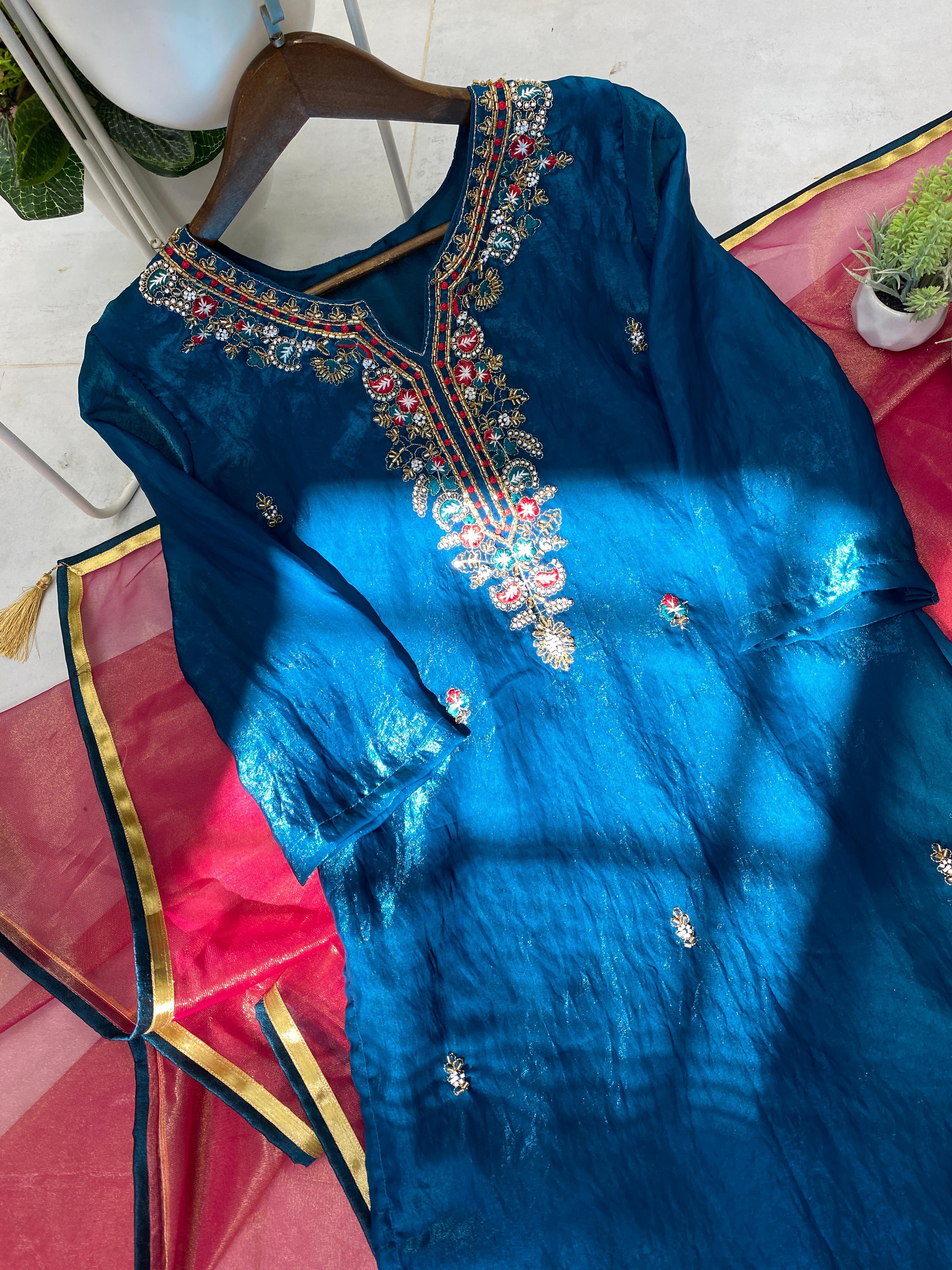 Mayurika Silk Handwork Kurti Pant Dupatta Set
