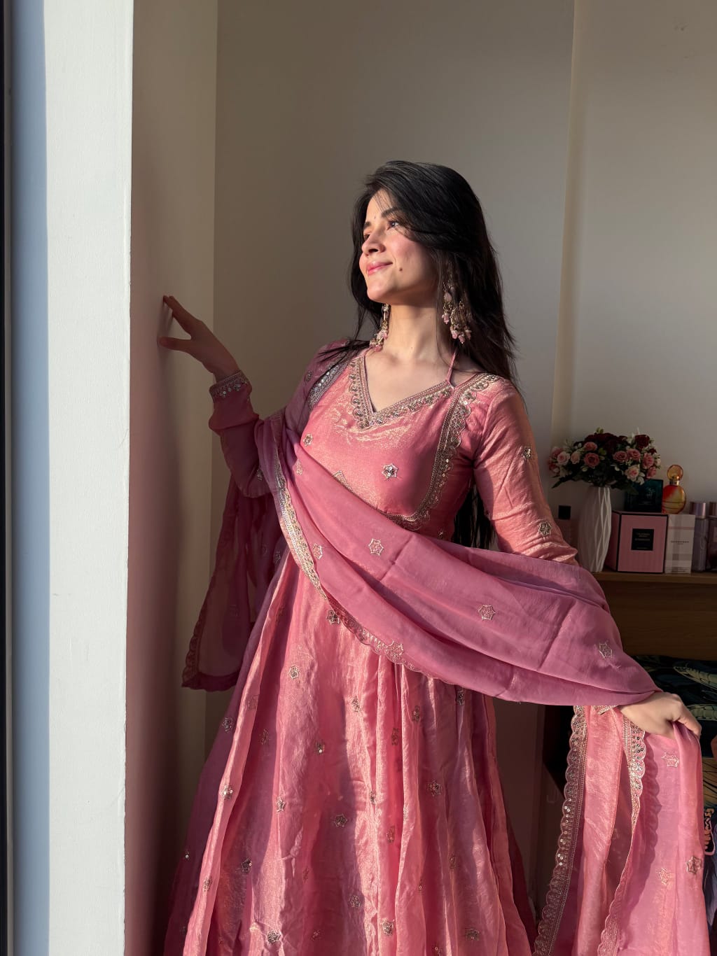 Gulraashi Silk Embroidered Gown Pant Dupatta Set