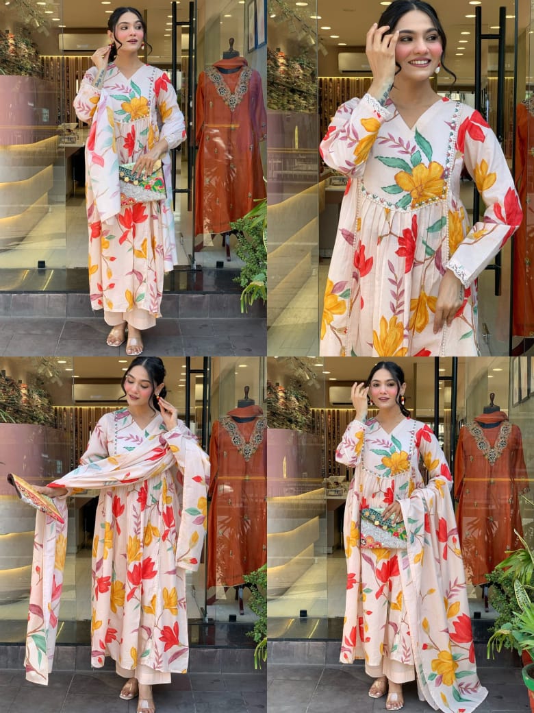 Creamvaani Printed Cotton Kurti Pant Dupatta Set