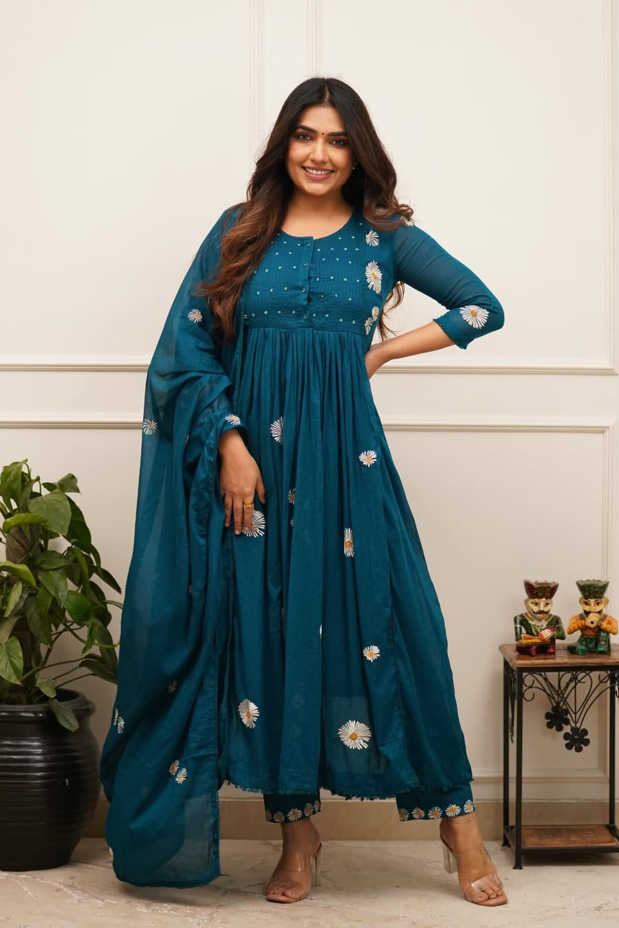 Surangini Cotton Anarkali Embroidered Kurti Pant Dupatta Set