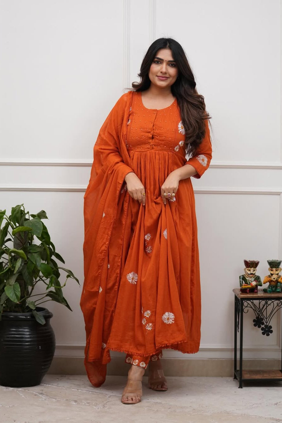 Surangini Cotton Anarkali Embroidered Kurti Pant Dupatta Set