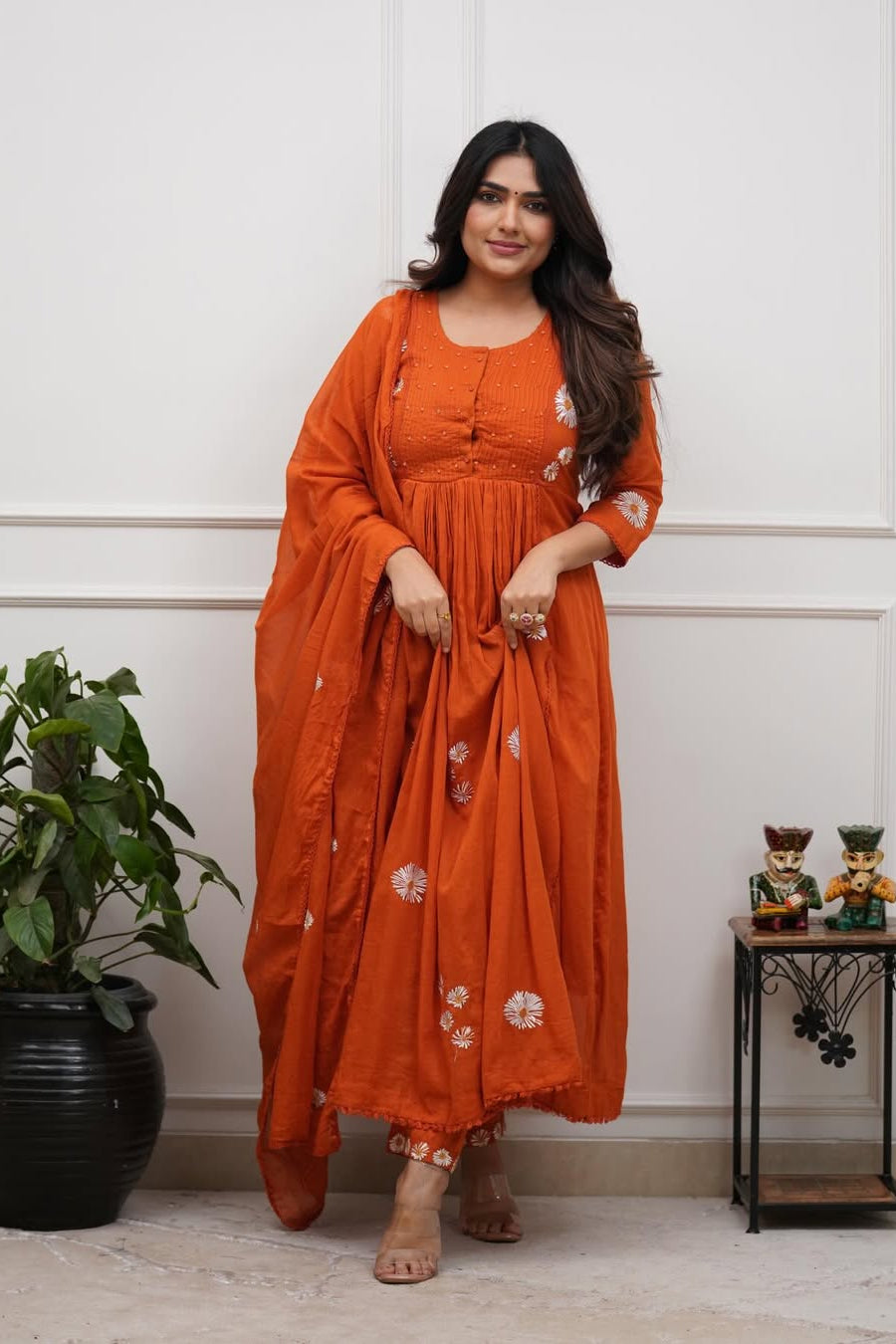 Surangini Cotton Anarkali Embroidered Kurti Pant Dupatta Set