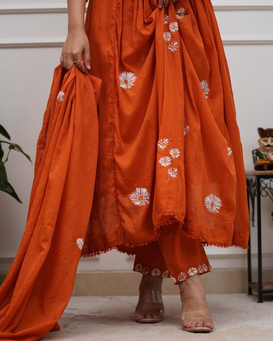 Surangini Cotton Anarkali Embroidered Kurti Pant Dupatta Set