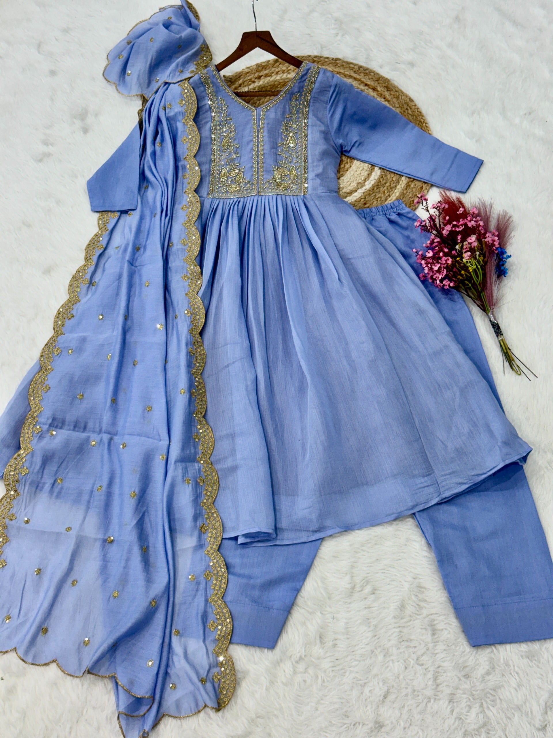 Peetangi Mal Chanderi Beads Embroidered Gown Set