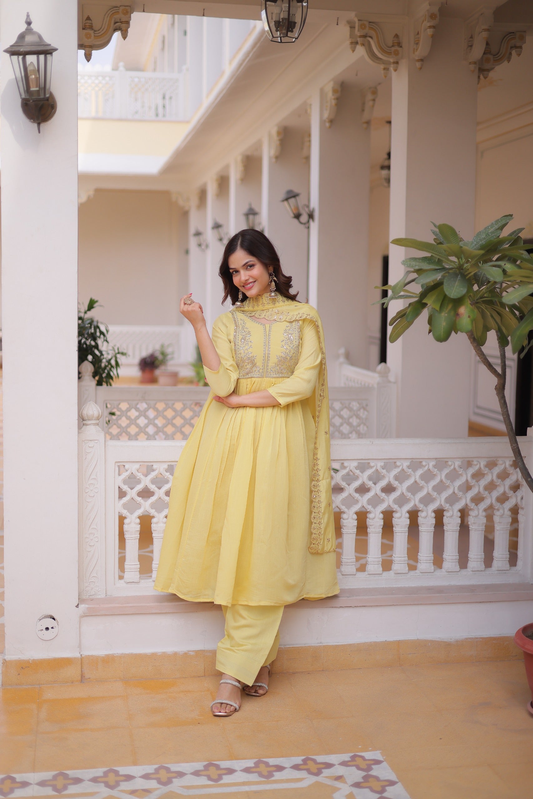 Peetangi Mal Chanderi Beads Embroidered Gown Set