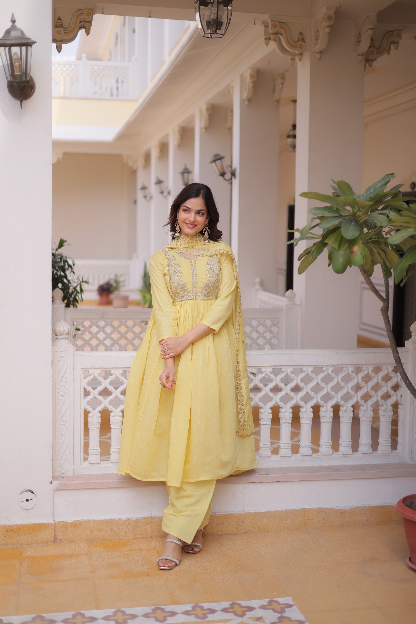 Peetangi Mal Chanderi Beads Embroidered Gown Set