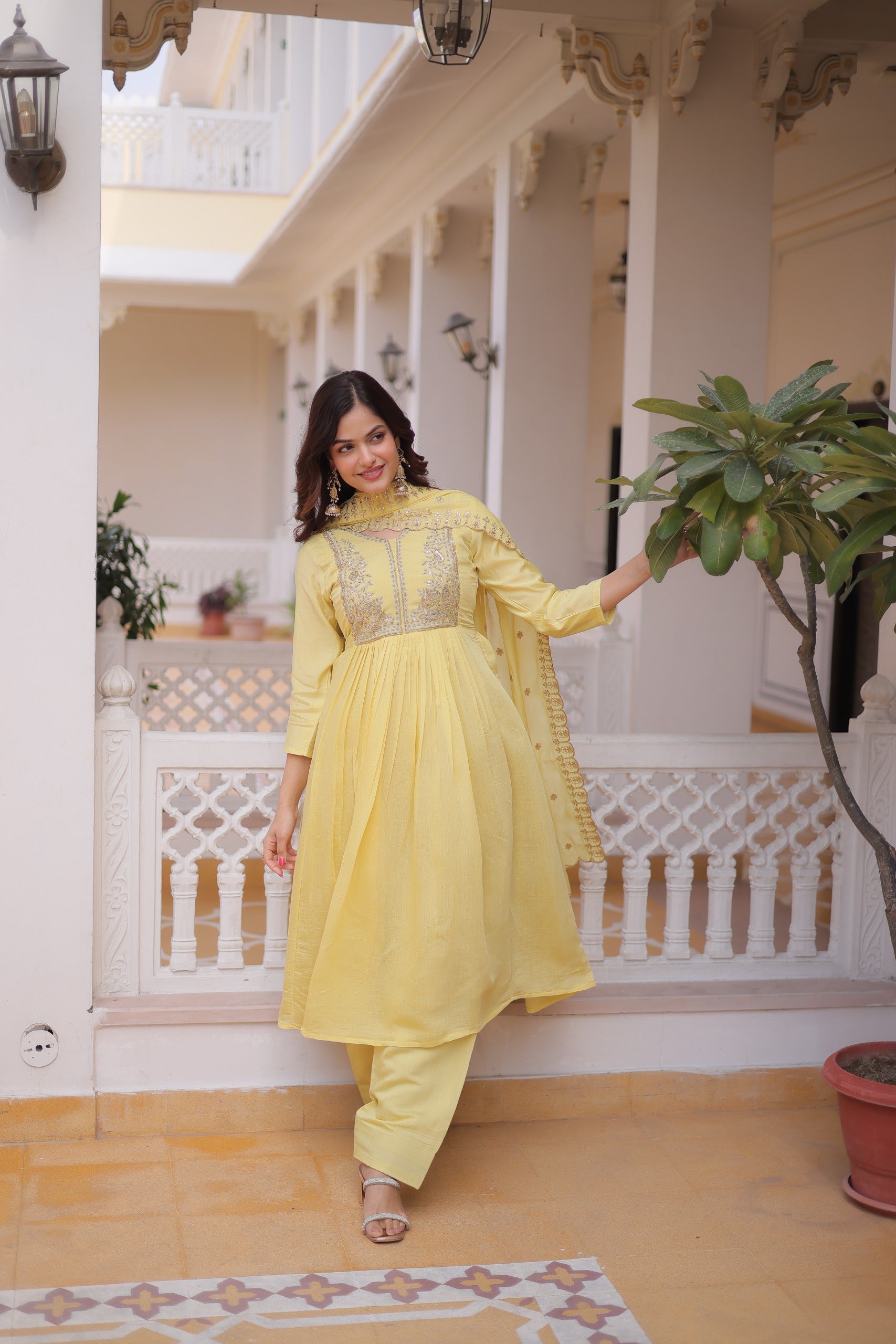 Peetangi Mal Chanderi Beads Embroidered Gown Set