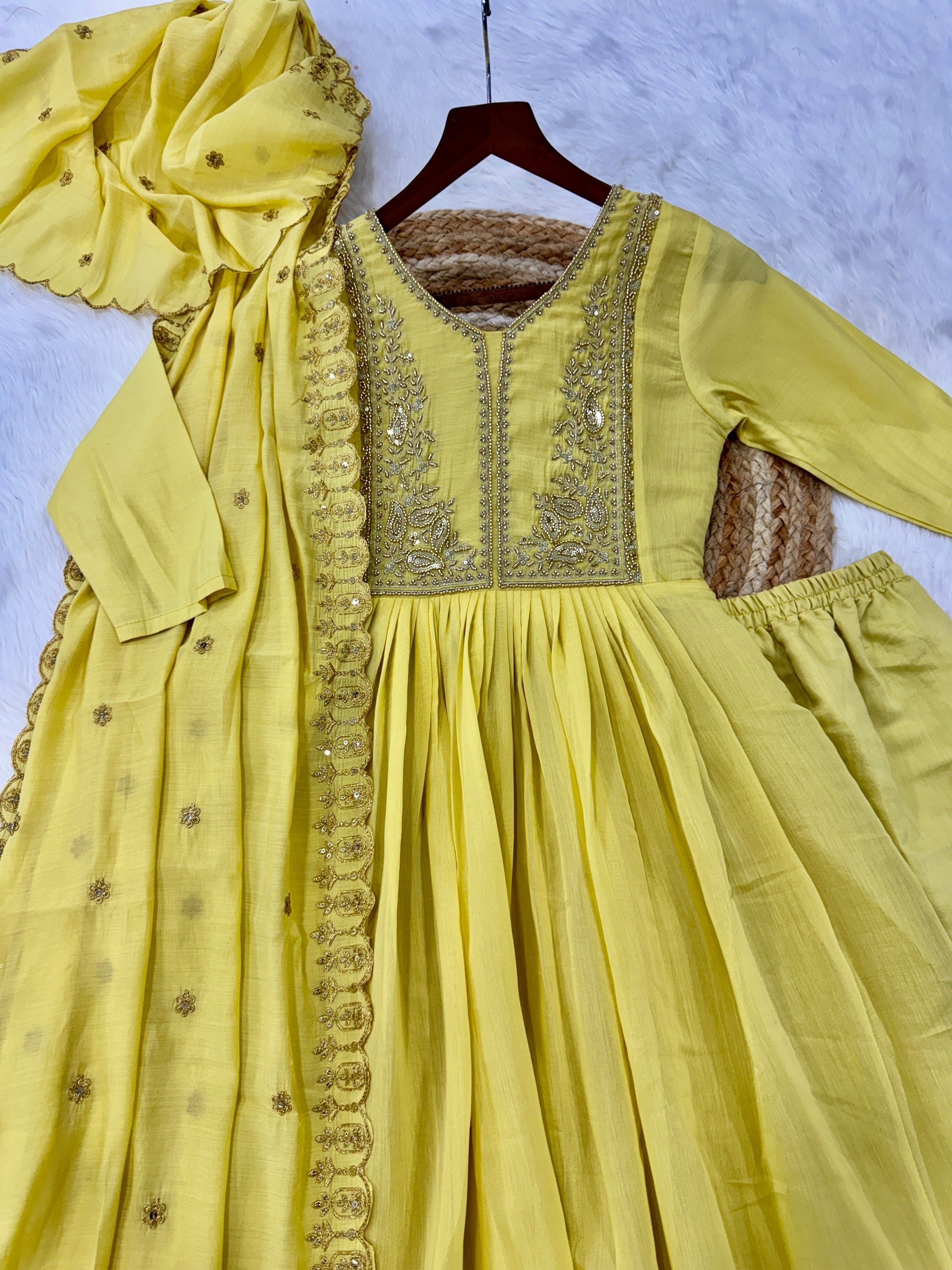 Peetangi Mal Chanderi Beads Embroidered Gown Set