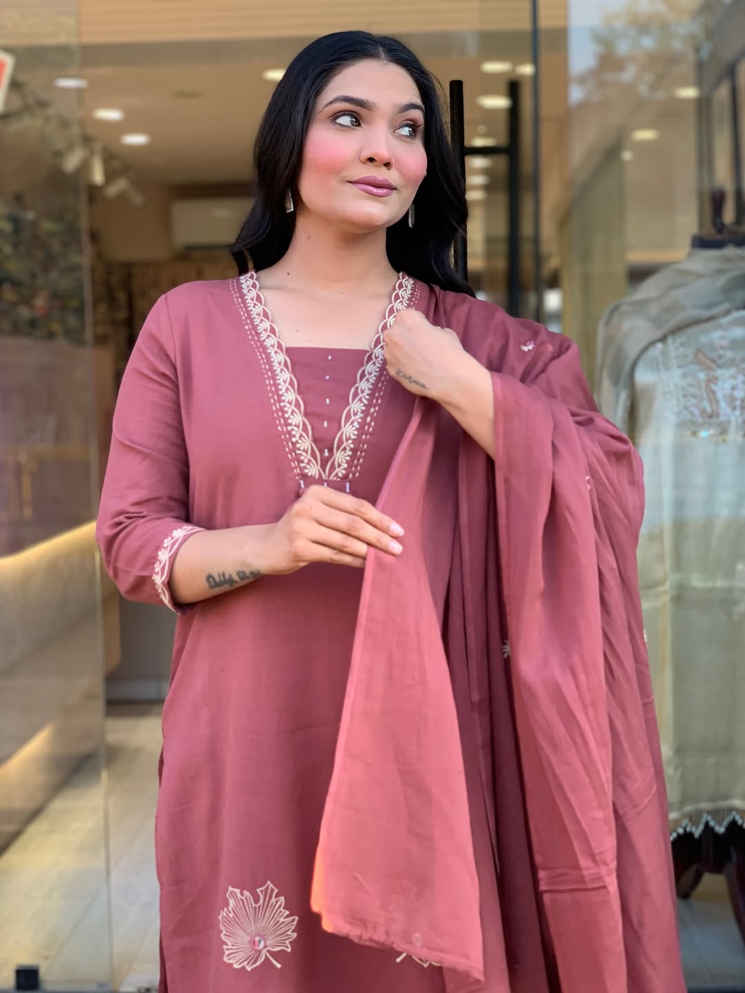 Mridvani Dual Pocket Embroidered A-Line Cotton Suit Set