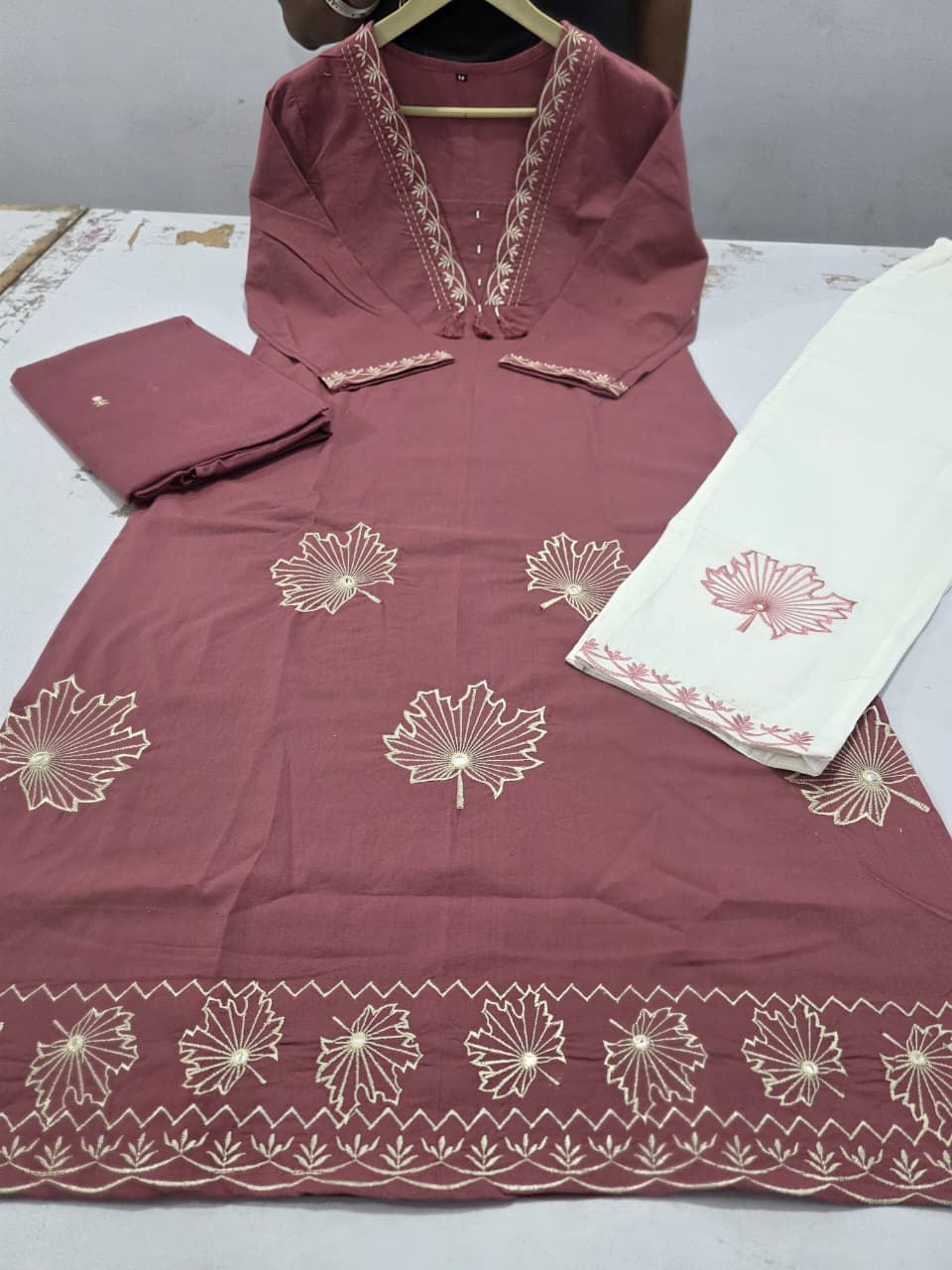 Mridvani Dual Pocket Embroidered A-Line Cotton Suit Set