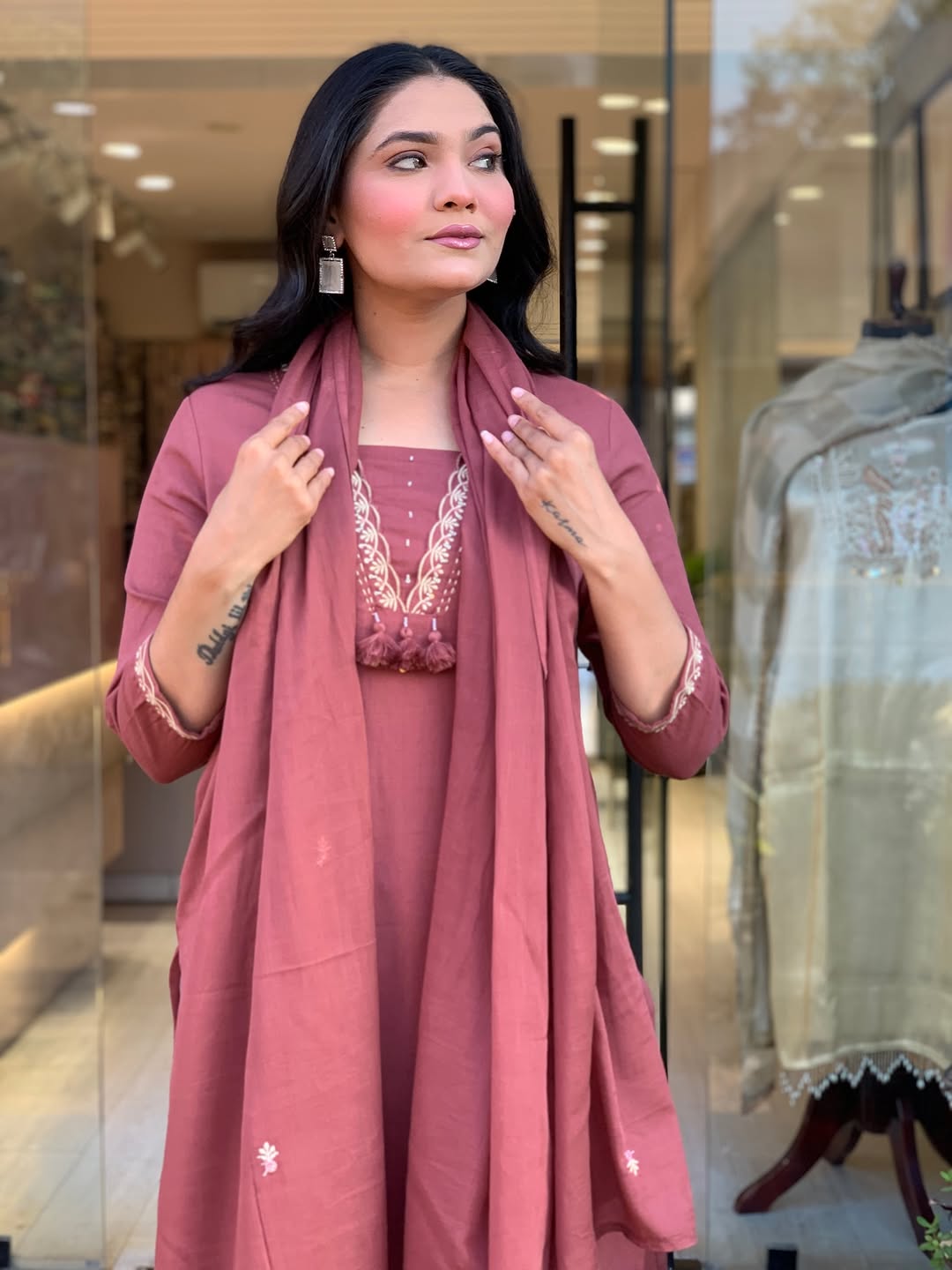Mridvani Dual Pocket Embroidered A-Line Cotton Suit Set