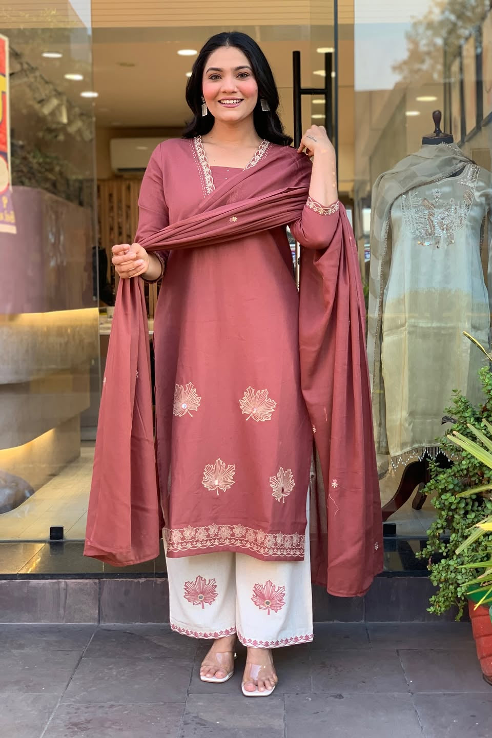 Mridvani Dual Pocket Embroidered A-Line Cotton Suit Set