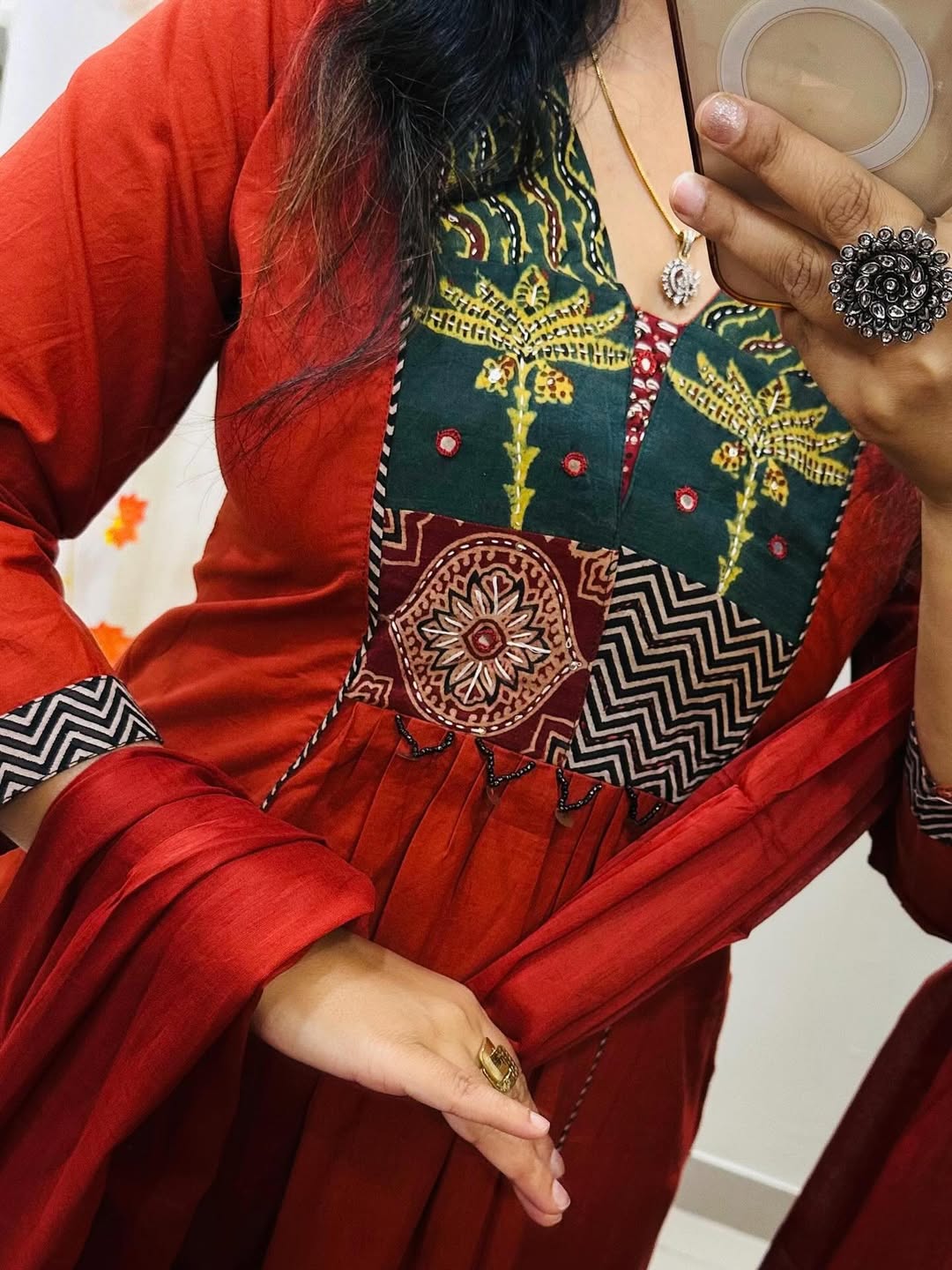 Traditional Dabu Print Handwork A-Line Kurti Set