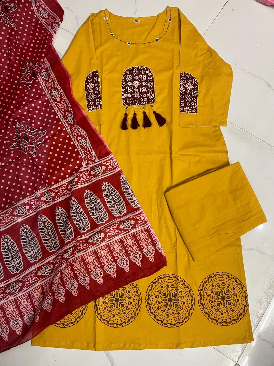 Peetambara Handblock Mirror Work Cotton Suit Set