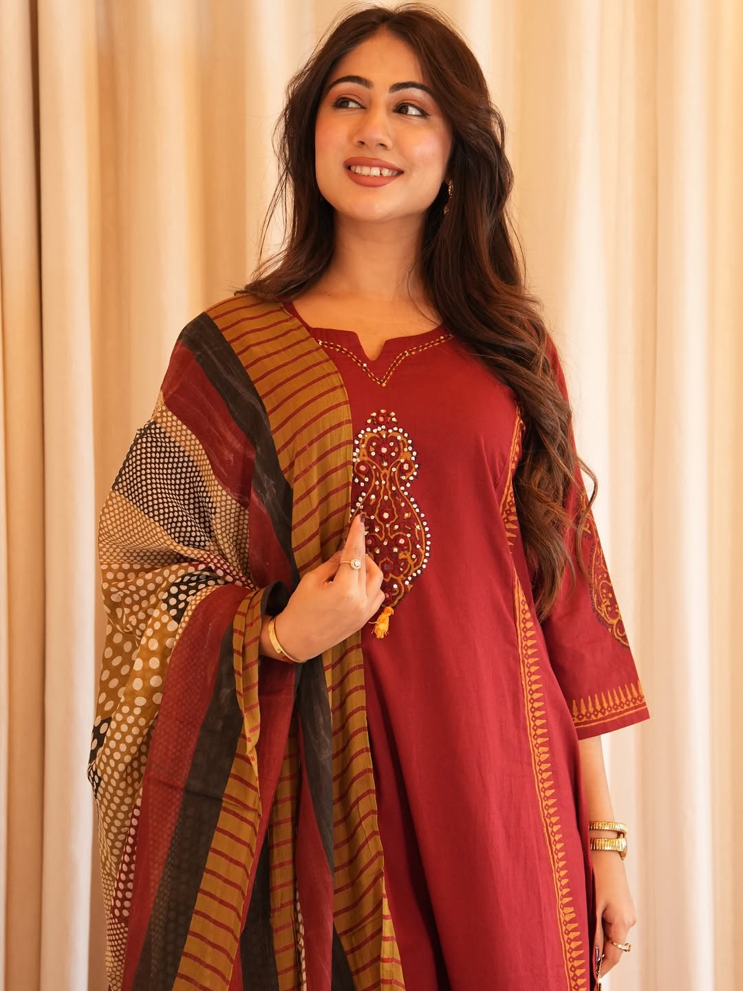 Heavy Cotton A-Line Kurti Pant Dupatta Set