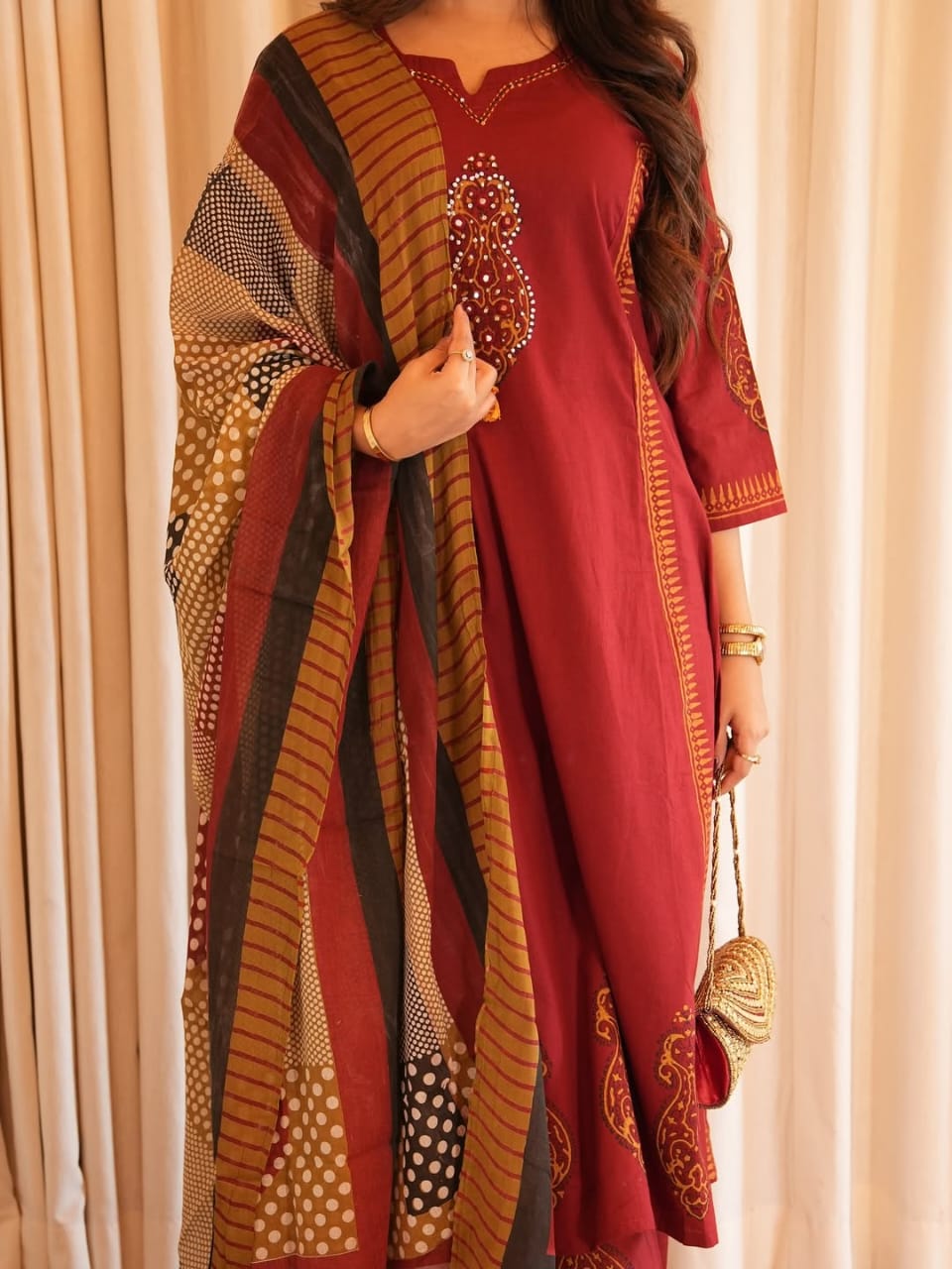 Heavy Cotton A-Line Kurti Pant Dupatta Set