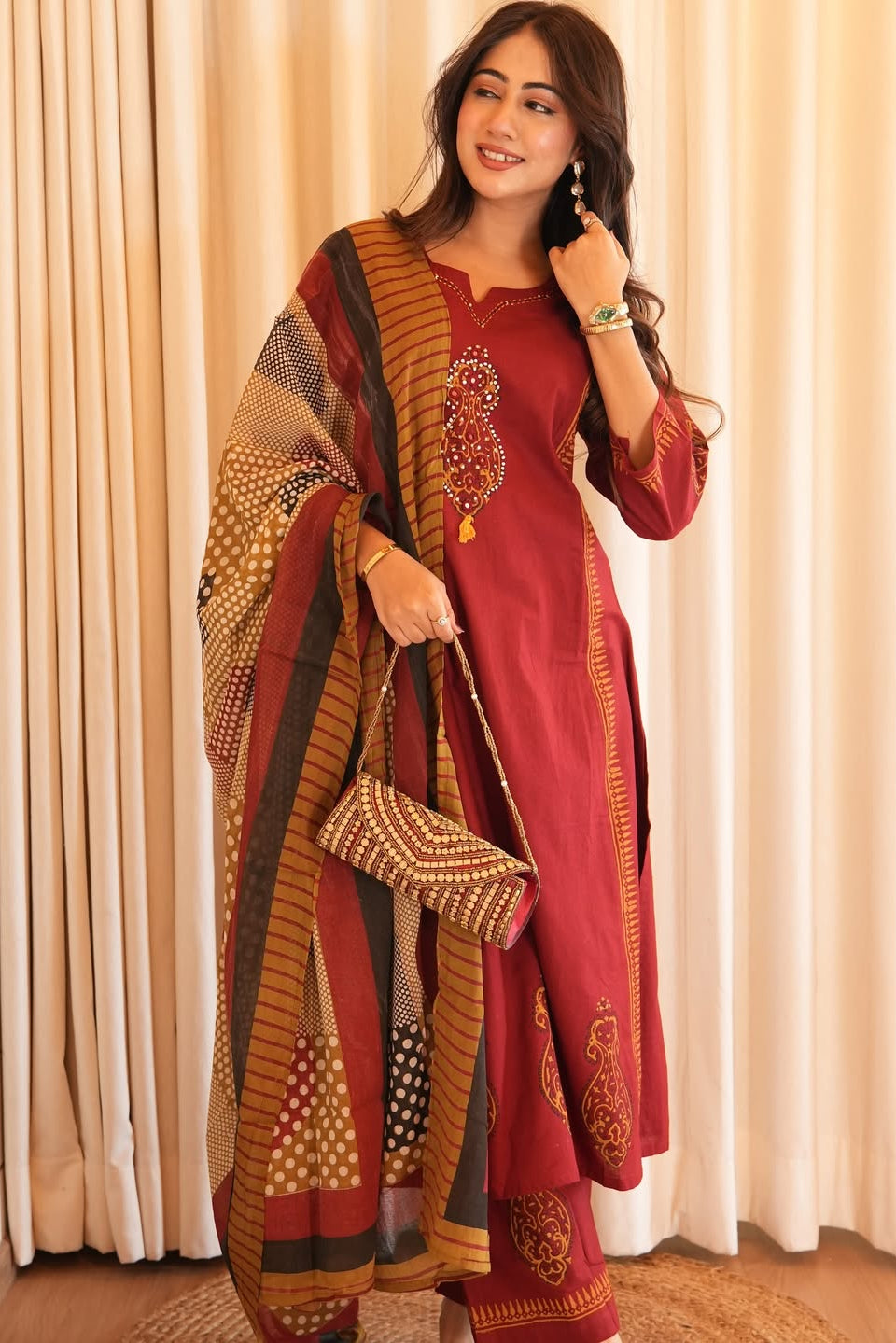 Heavy Cotton A-Line Kurti Pant Dupatta Set