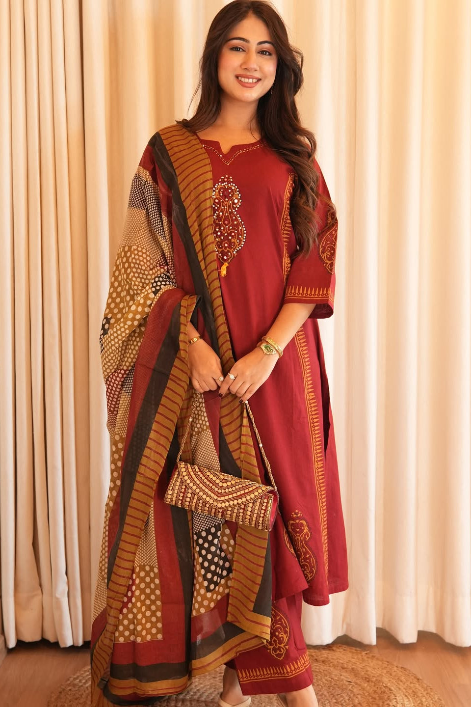 Heavy Cotton A-Line Kurti Pant Dupatta Set