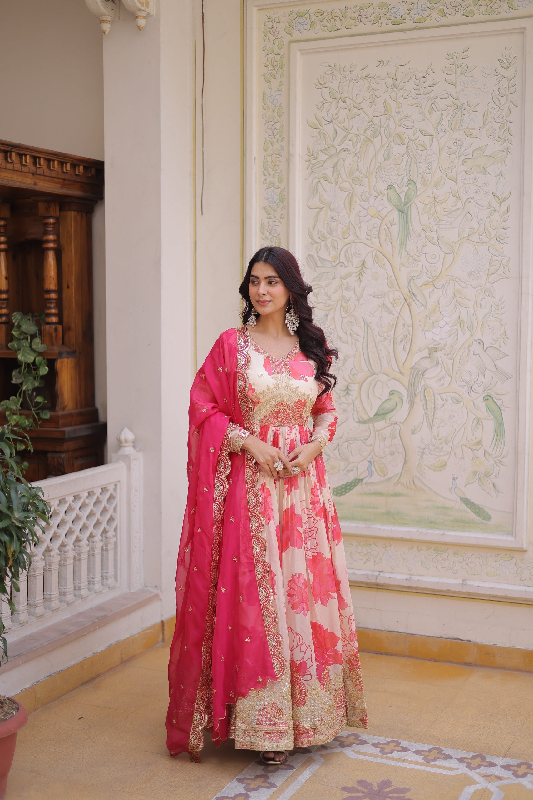 Gulraashi Russian Silk Zari Sequins Embroidered Gown Set