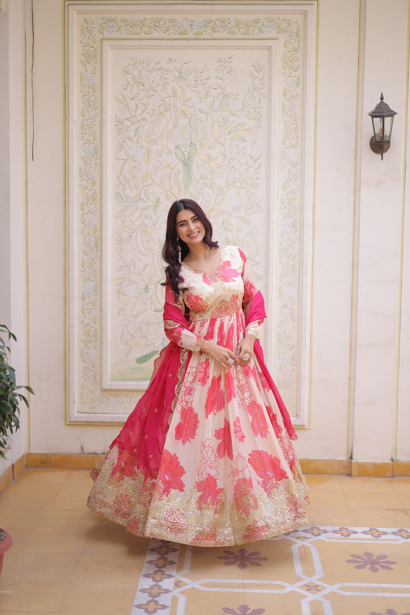 Gulraashi Russian Silk Zari Sequins Embroidered Gown Set Gulraashi Russian Silk Zari Sequins Embroidered Gown Set