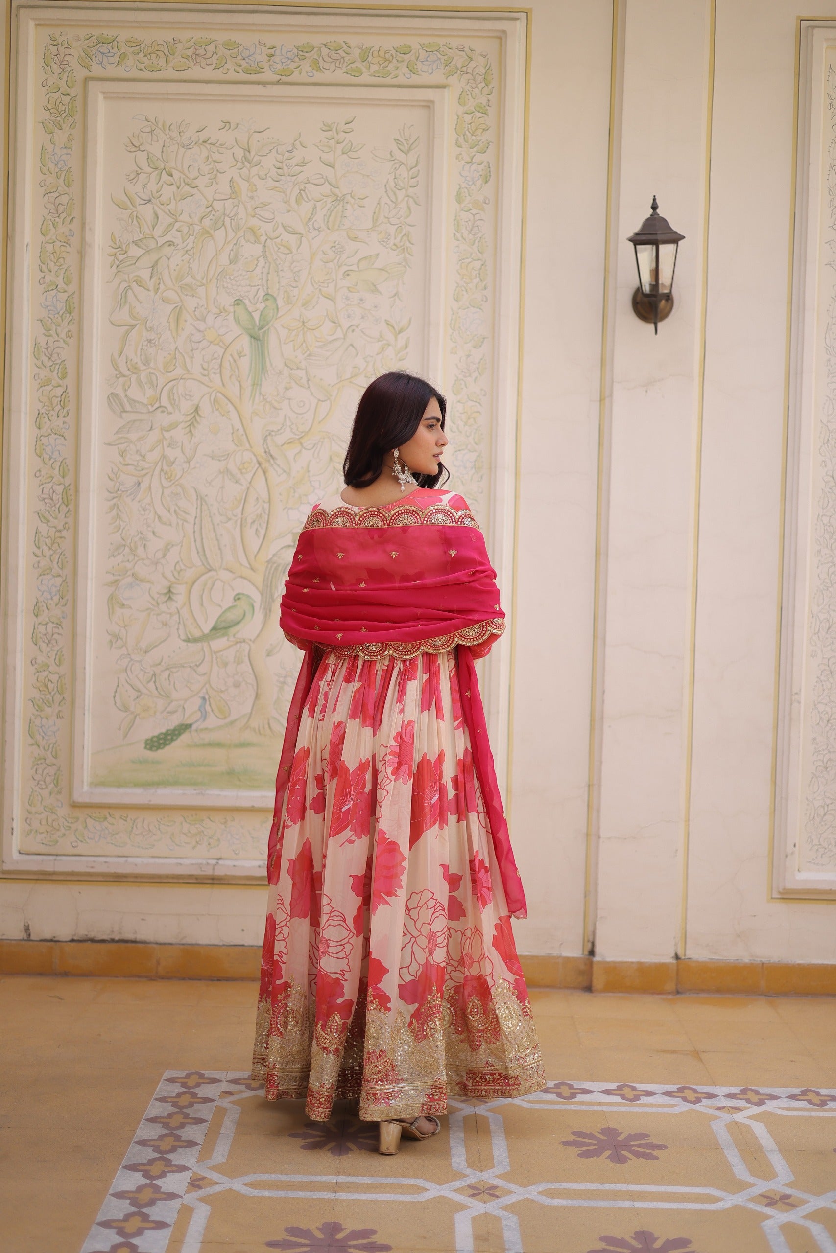 Gulraashi Russian Silk Zari Sequins Embroidered Gown Set