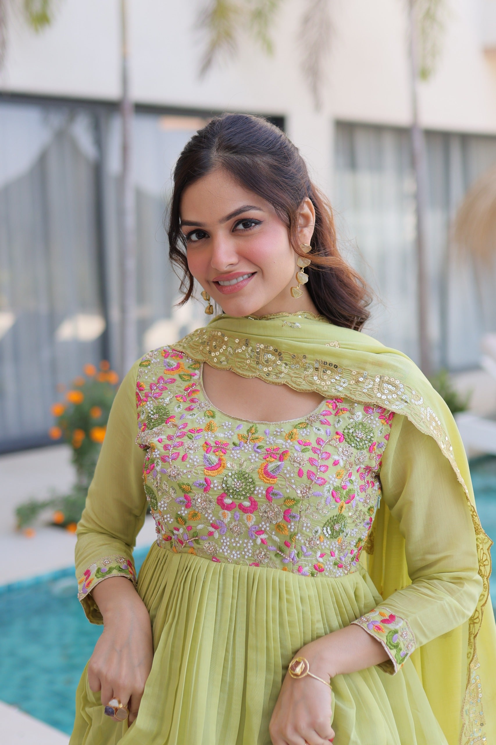 Neeranshi Beads Embroidered Mal Chanderi Gown Set