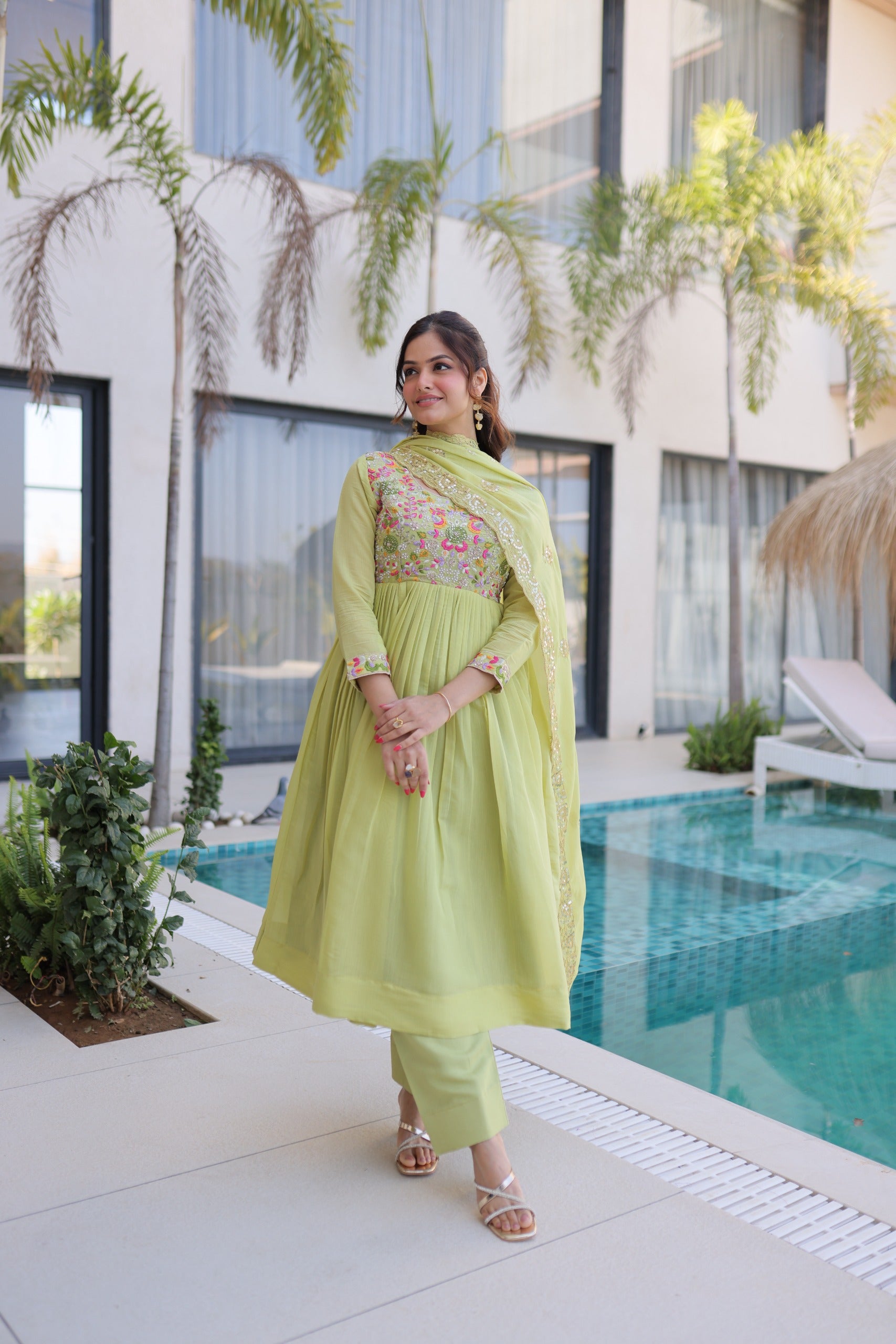 Neeranshi Beads Embroidered Mal Chanderi Gown Set