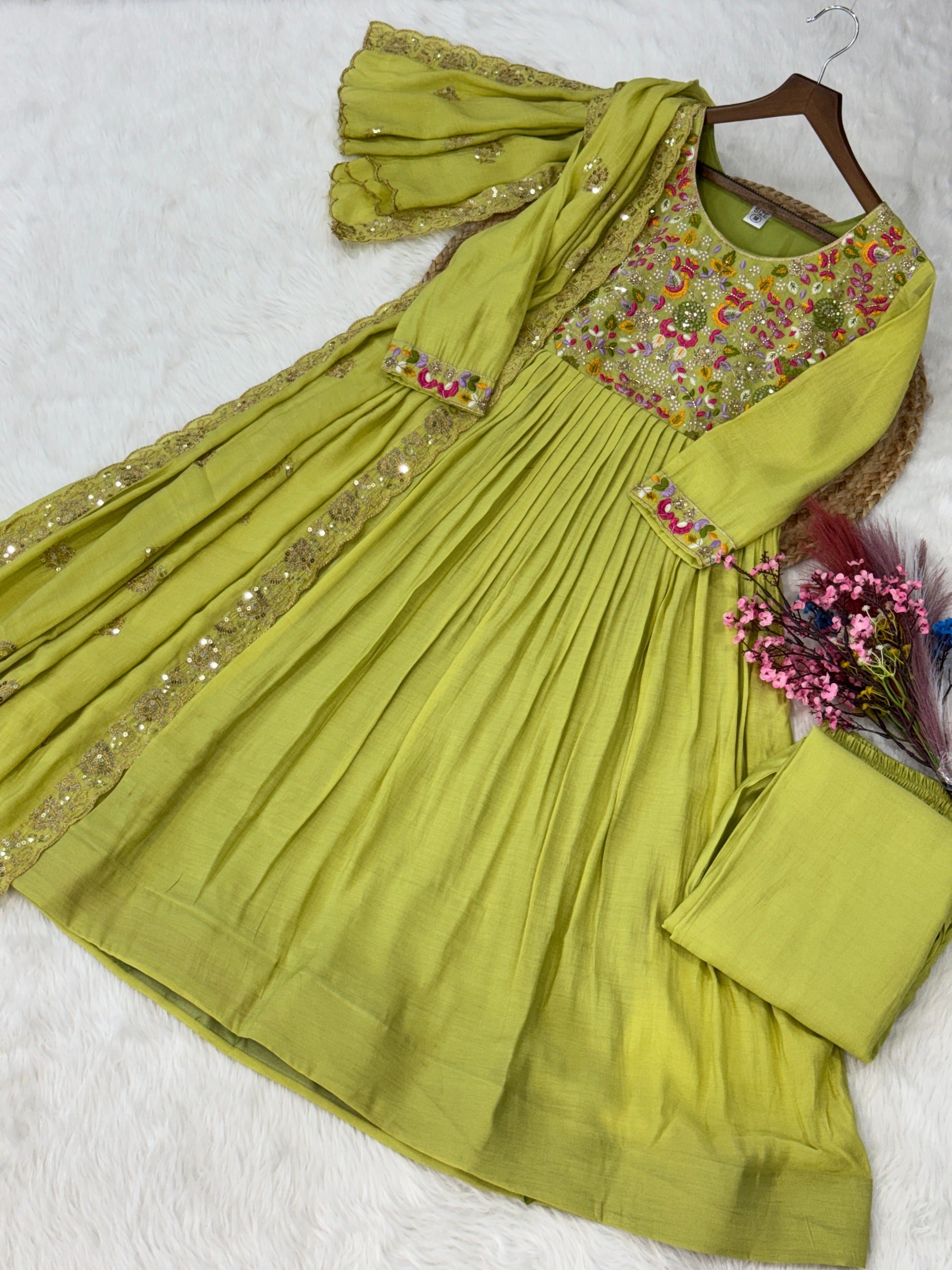 Neeranshi Beads Embroidered Mal Chanderi Gown Set