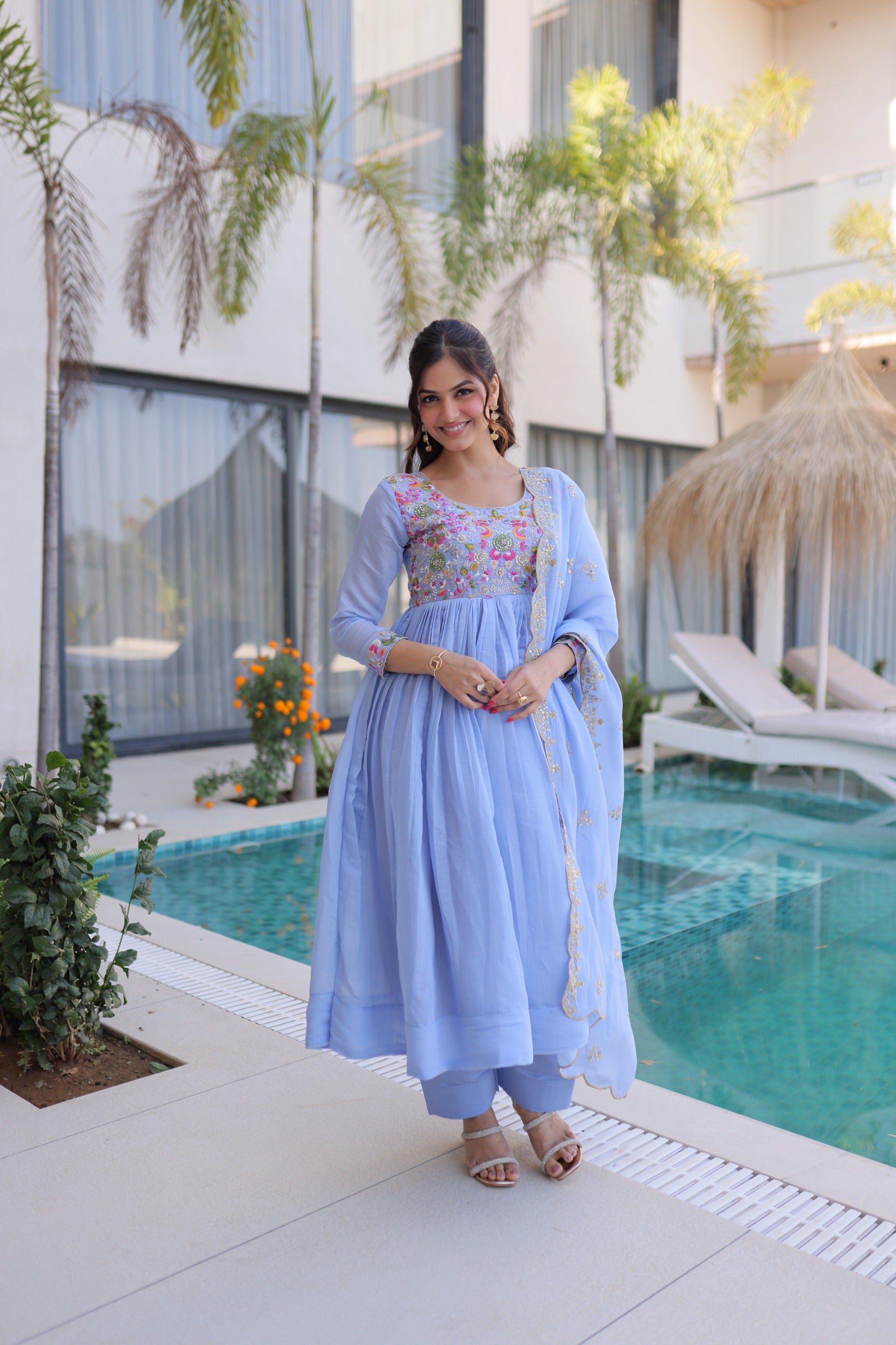 Neeranshi Beads Embroidered Mal Chanderi Gown Set