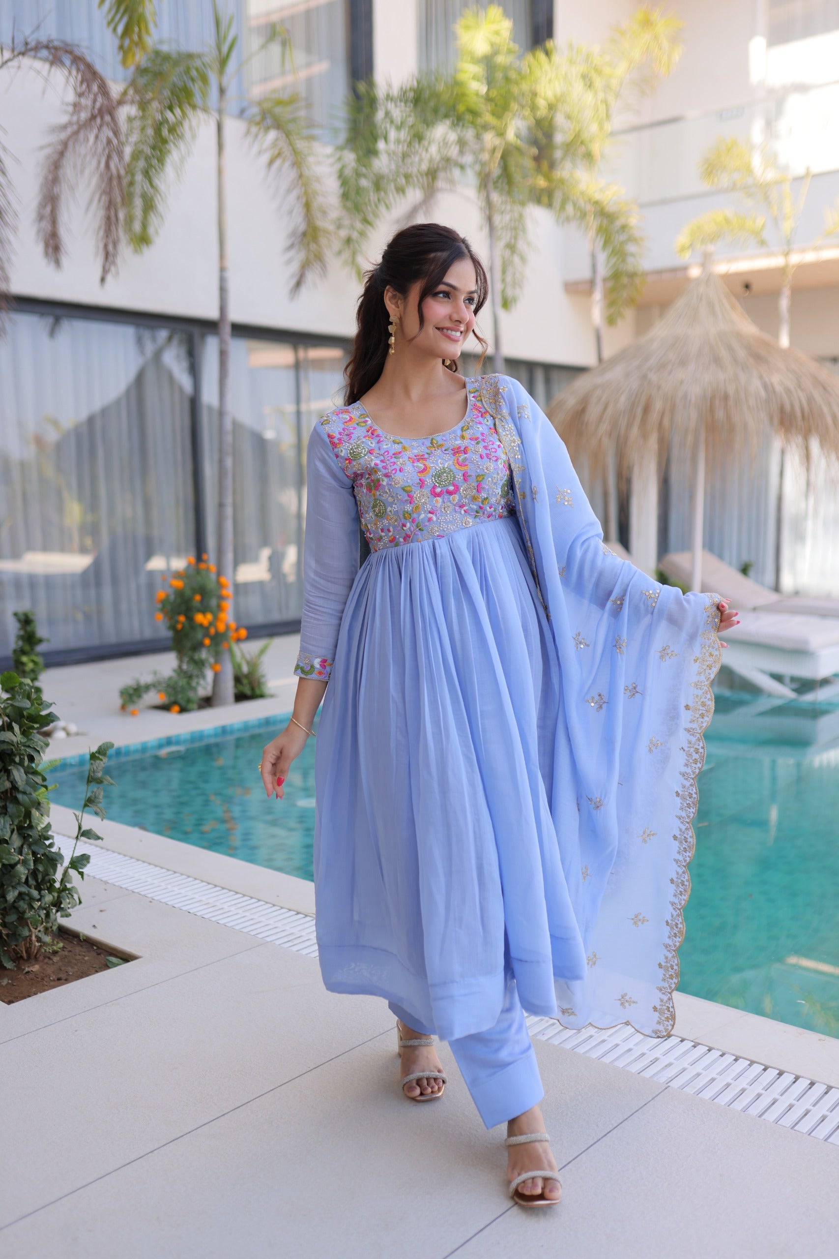 Neeranshi Beads Embroidered Mal Chanderi Gown Set