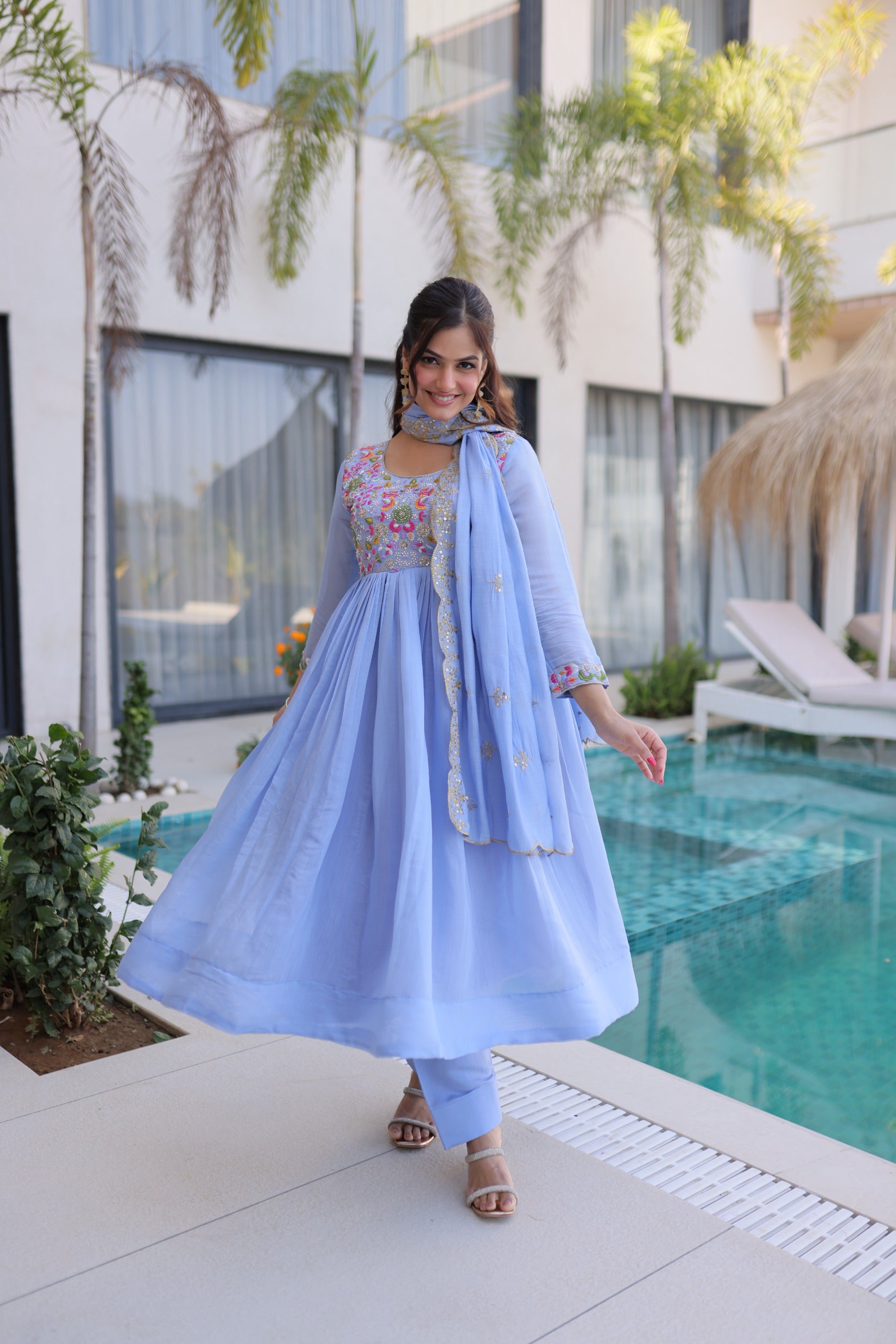 Neeranshi Beads Embroidered Mal Chanderi Gown Set