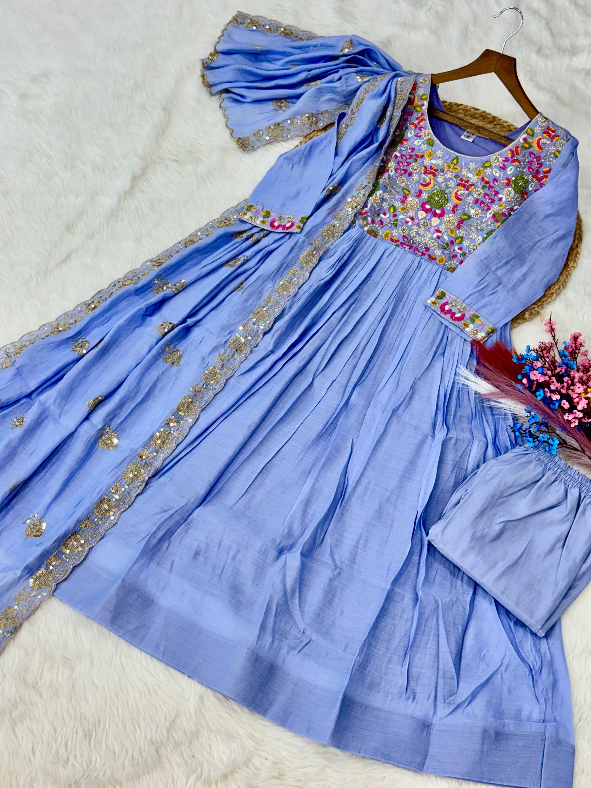 Neeranshi Beads Embroidered Mal Chanderi Gown Set