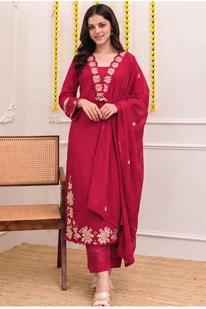 Rangreza Embroidered Cotton Straight Kurta Pant Dupatta Set