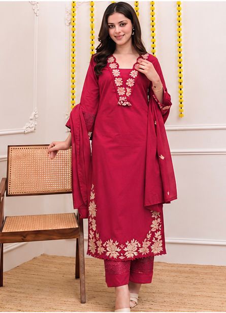 Rangreza Embroidered Cotton Straight Kurta Pant Dupatta Set