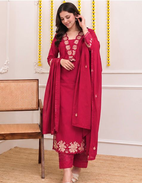 Rangreza Embroidered Cotton Straight Kurta Pant Dupatta Set