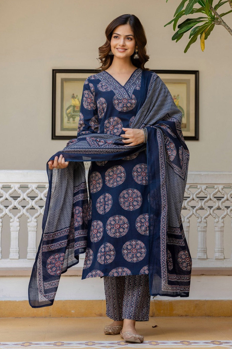 Peetambara Azrak Floral V-Neck Cotton Suit Set
