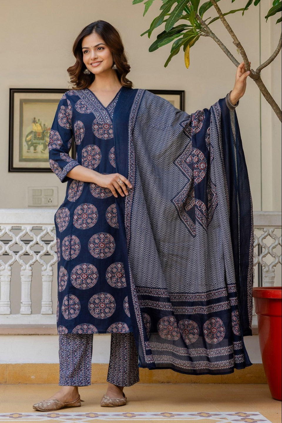 Peetambara Azrak Floral V-Neck Cotton Suit Set