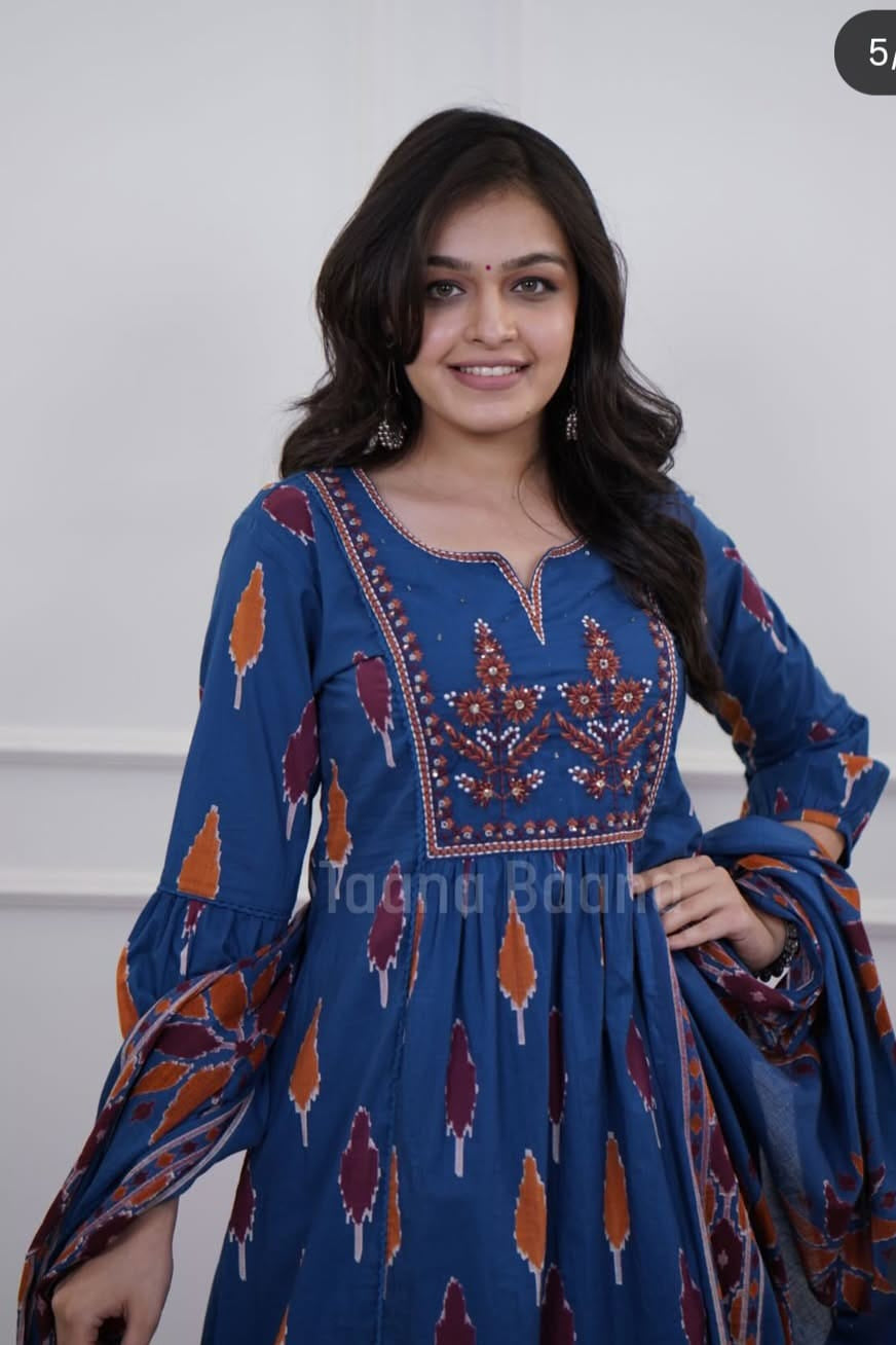 Shyamkala Handblock Embroidered Cotton Anarkali Set