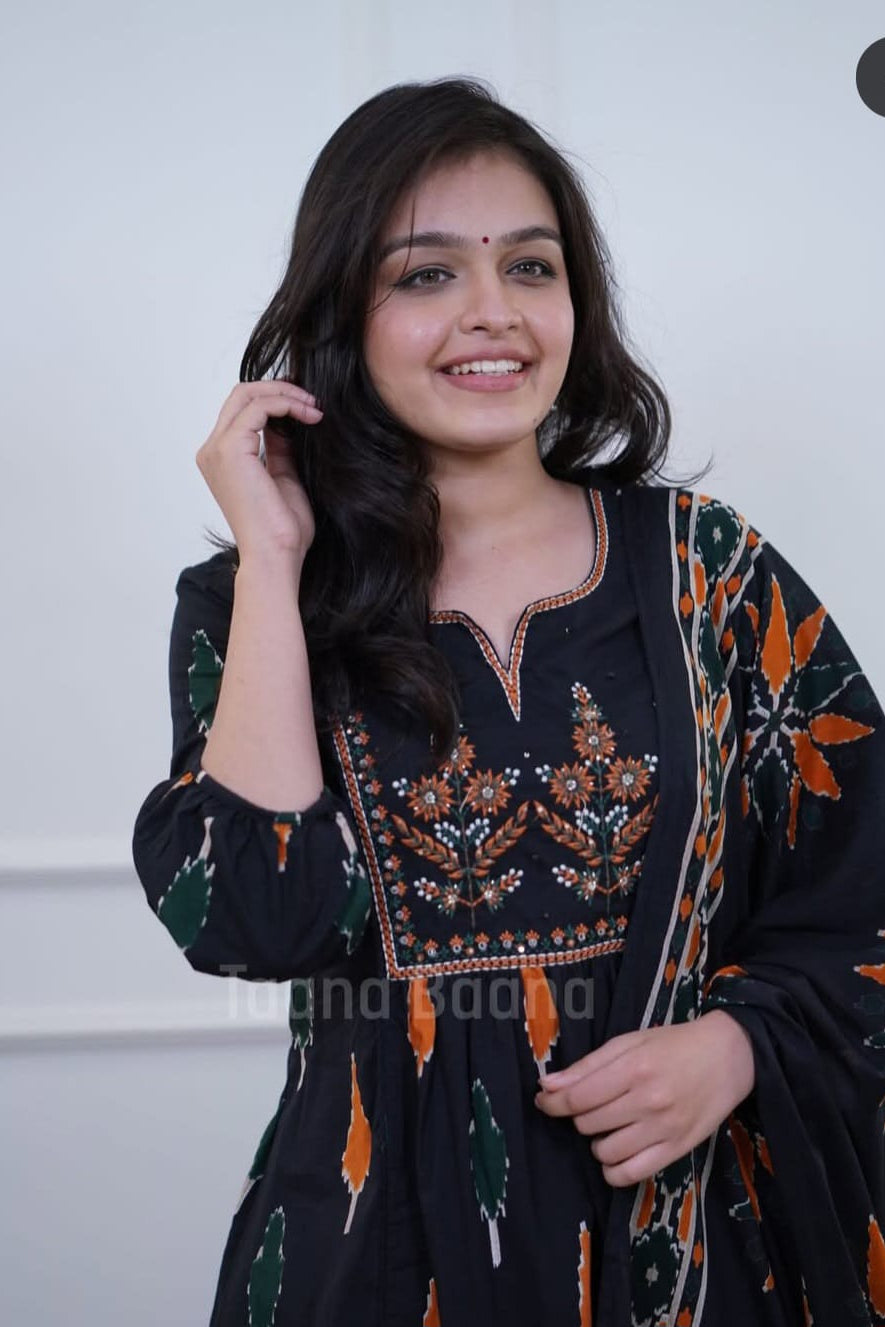 Shyamkala Handblock Embroidered Cotton Anarkali Set