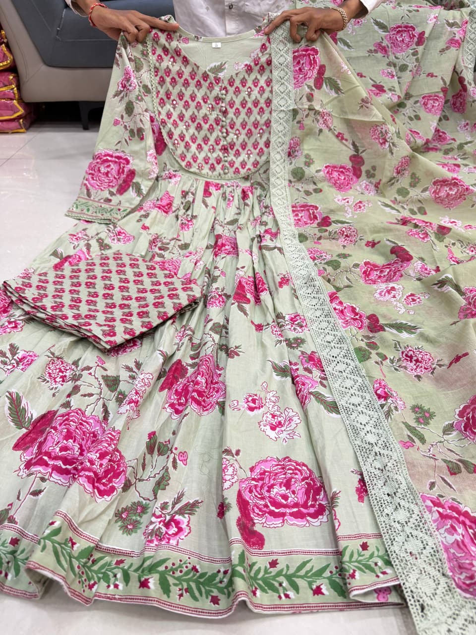 Gulzaira Floral Handwork Cotton Anarkali Set