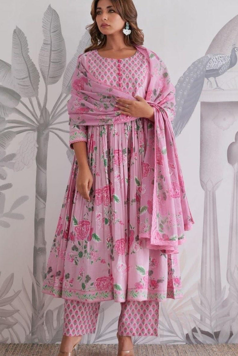 Gulzaira Floral Handwork Cotton Anarkali Set