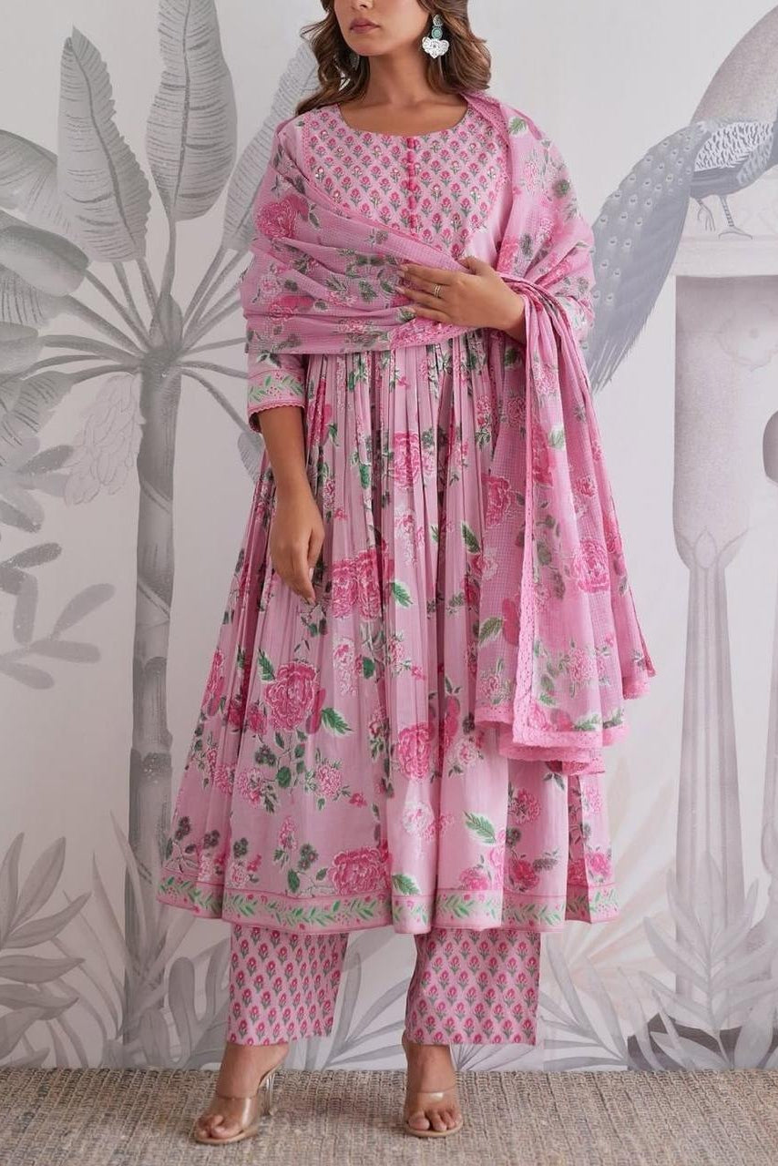 Gulzaira Floral Handwork Cotton Anarkali Set