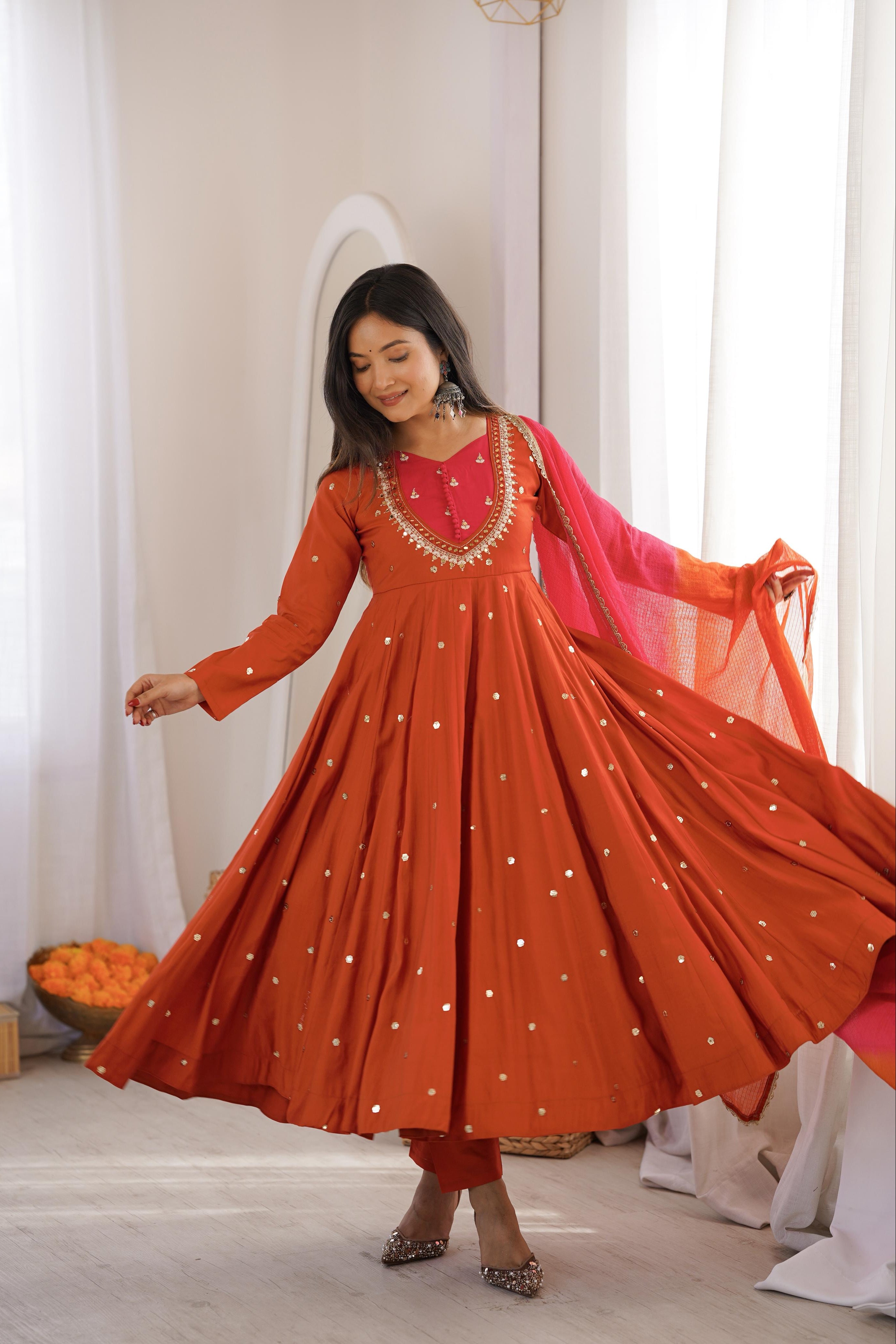 Kesariya Noor Mirror Embroidered Anarkali Set