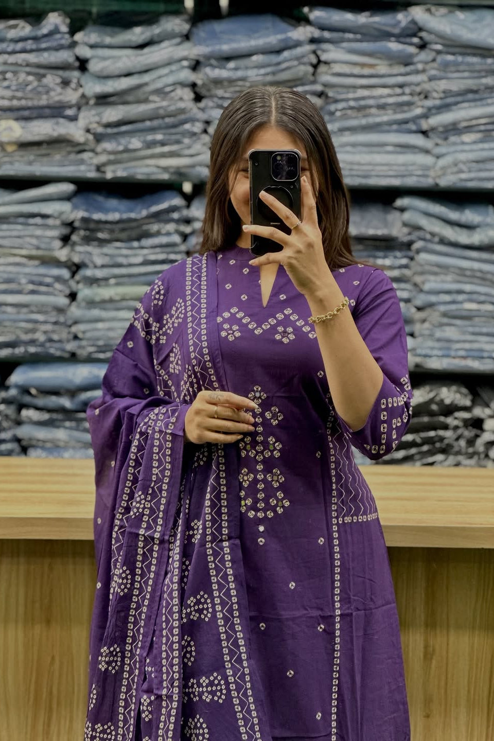 Kesariya Bandhej Handwork Cotton Suit Set