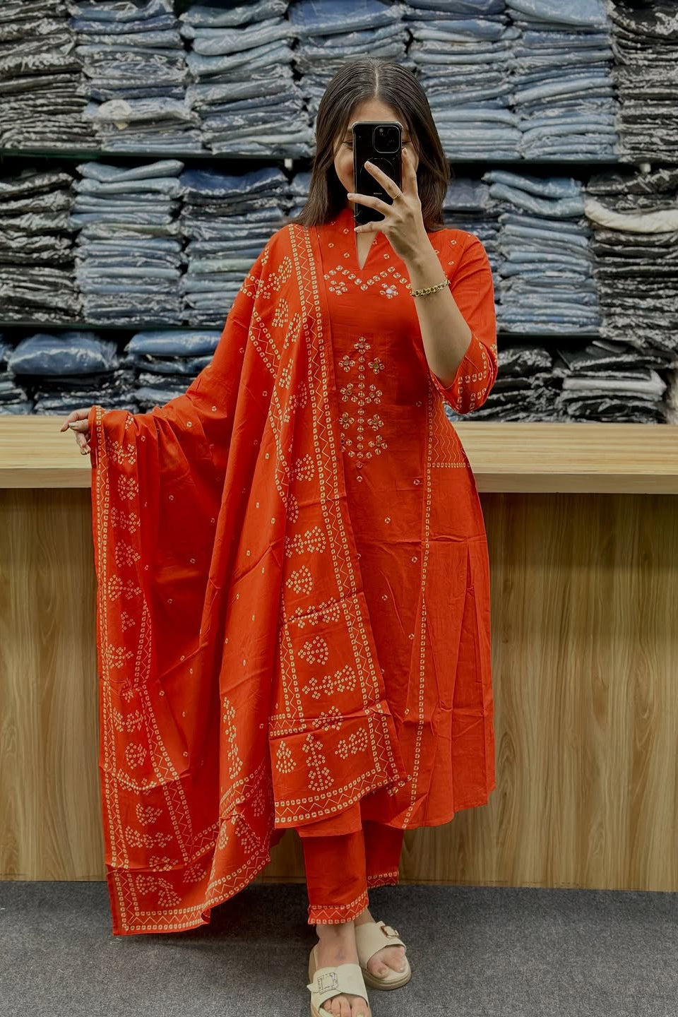 Kesariya Bandhej Handwork Cotton Suit Set