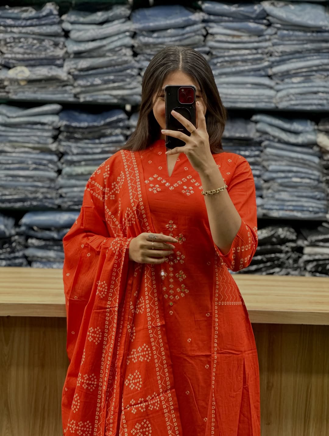 Kesariya Bandhej Handwork Cotton Suit Set